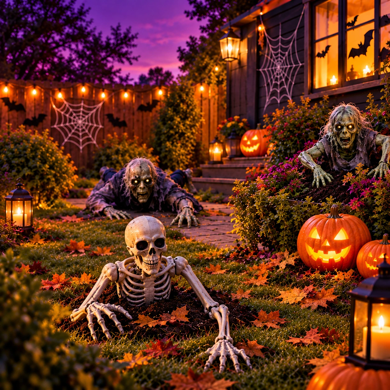 Halloweenhage med et skjelett, zombier og lysende gresskar