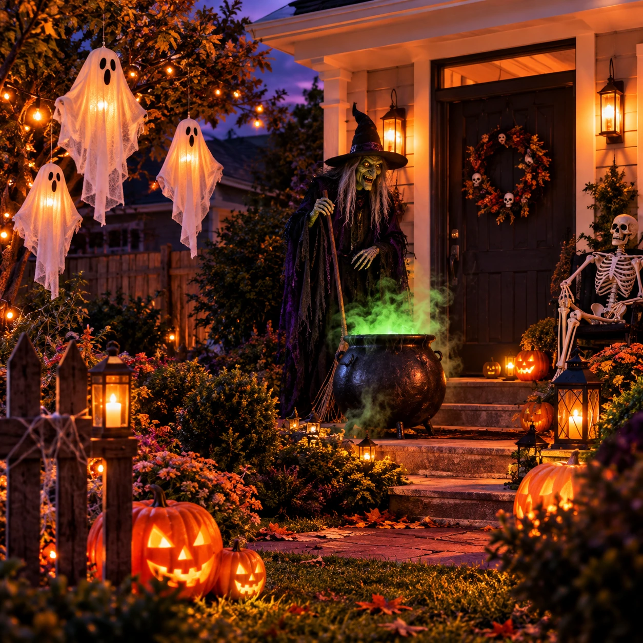 Halloweenveranda med en heks, spøkelser og lysende gresskar