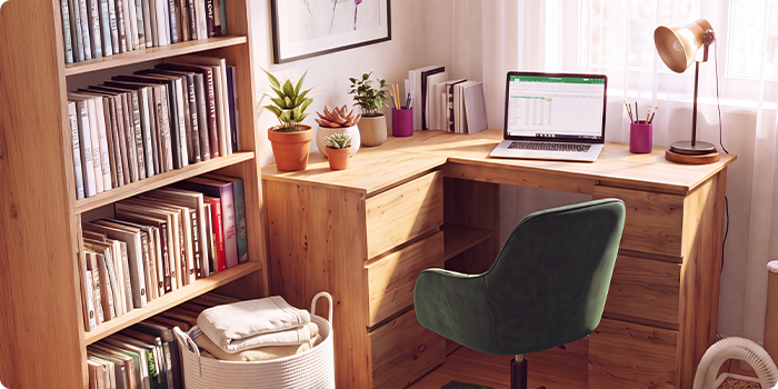 Hjemmekontor med hjørneskrivebord i tre, ergonomisk grønn kontorstol, bærbar PC, bokhylle, skrivebordslampe og grønne planter, som skaper en komfortabel og produktiv arbeidsplass hjemme.
