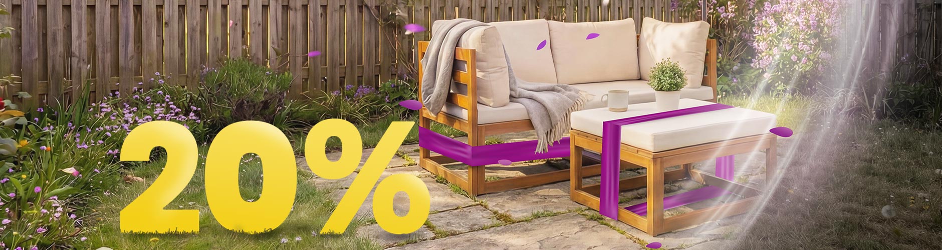 Rattan hagesofa i tre med beige puter og bord under parasoll på solrik terrasse, omgitt av blomster og gjerde, med banner for 20 % vårkampanje.