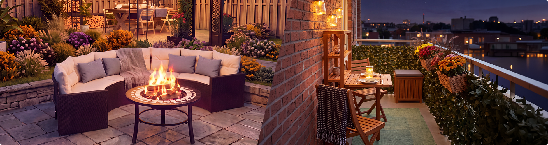  Koselige uteplasser i skumringen, med en hagesalong med bålpanne og en blomsterfylt paviljong på den ene siden, og en pyntet balkong med tremøbler, lykter og blomster i potter med utsikt over byens silhuett på den andre.