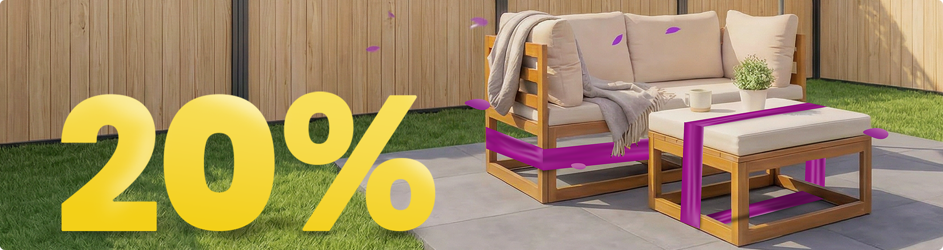 Rattan hagesofa i tre med beige puter og bord under parasoll på solrik terrasse, omgitt av blomster og gjerde, med banner for 20 % vårkampanje.