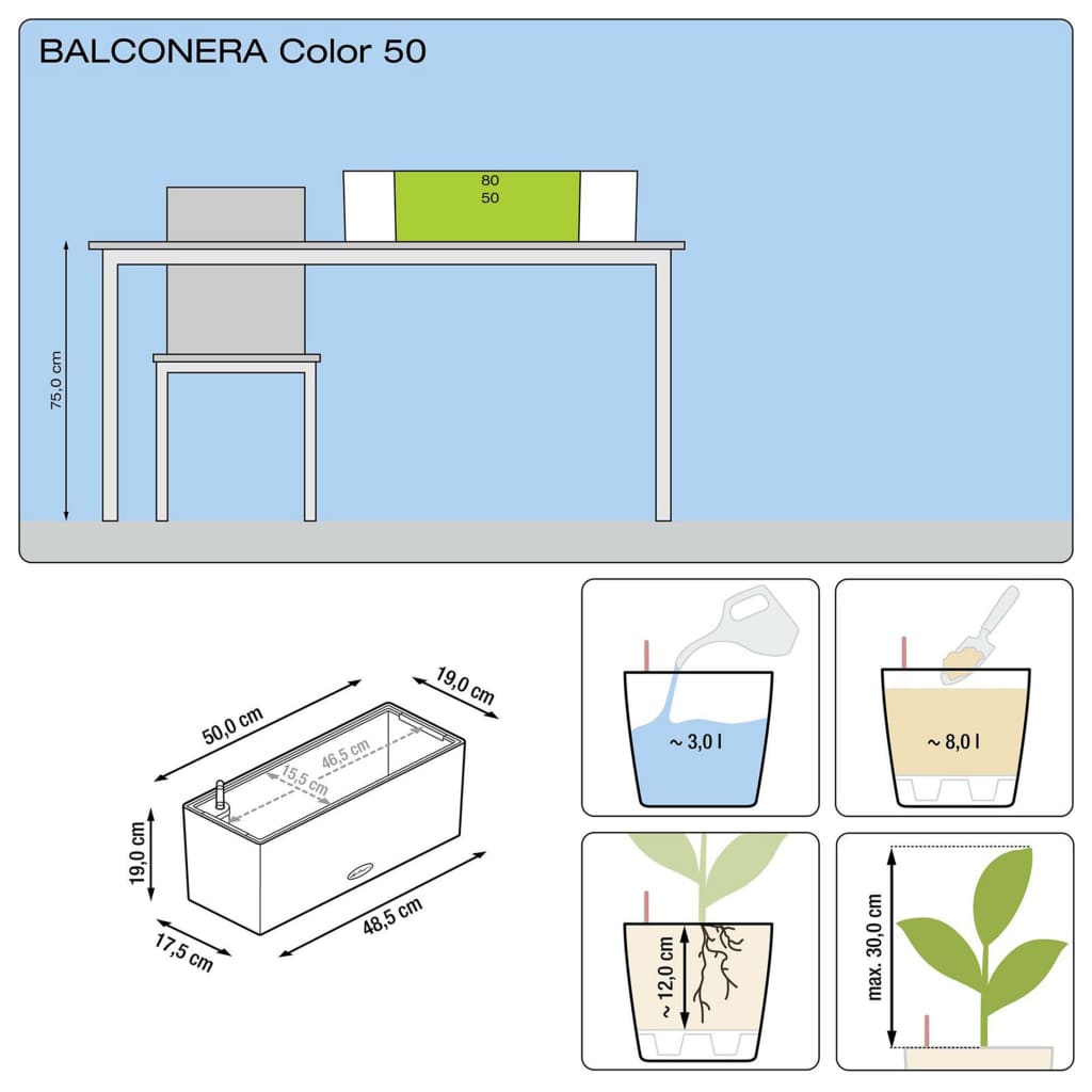 LECHUZA Plantekasse Balconera Color 50 ALL-IN-ONE hvit 15670