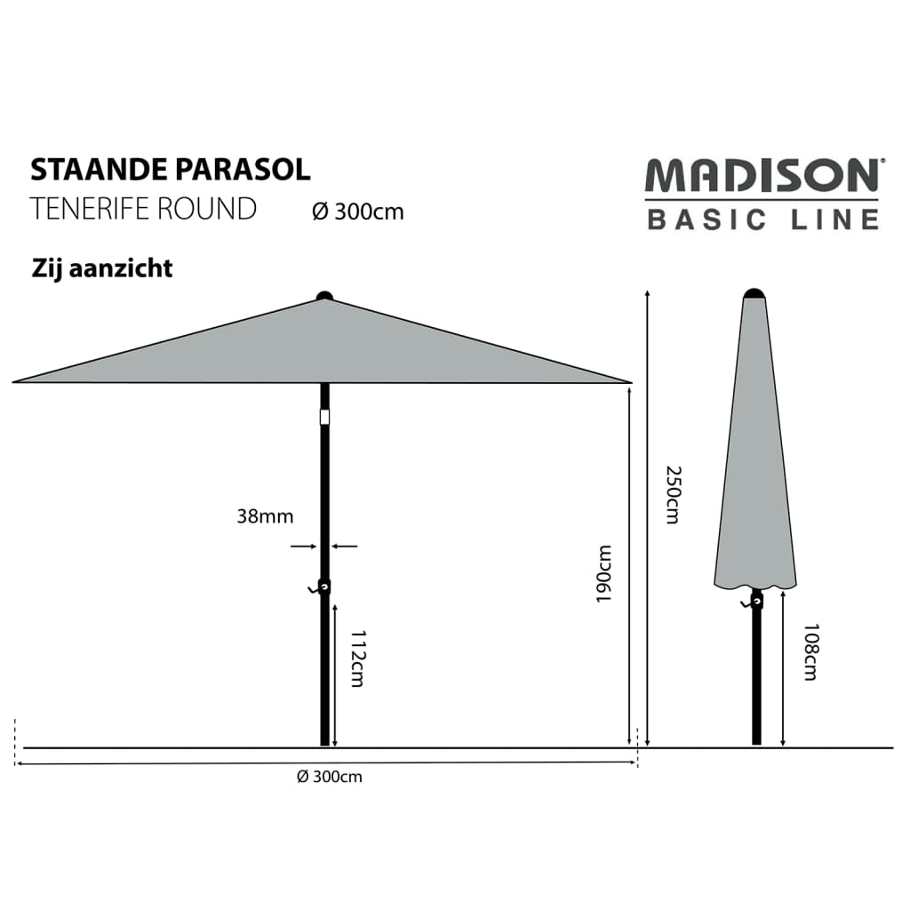 Madison Parasoll Tenerife 300 cm rund gråbrun
