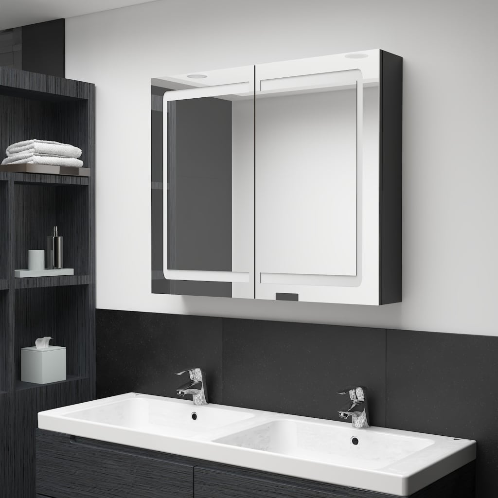 vidaXL LED-speilskap til bad blank svart 80x12x68 cm