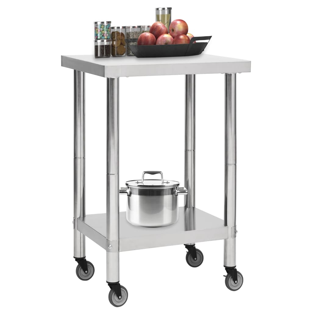 vidaXL Arbeidsbord for kjøkken med hjul 60x60x85 cm rustfritt stål