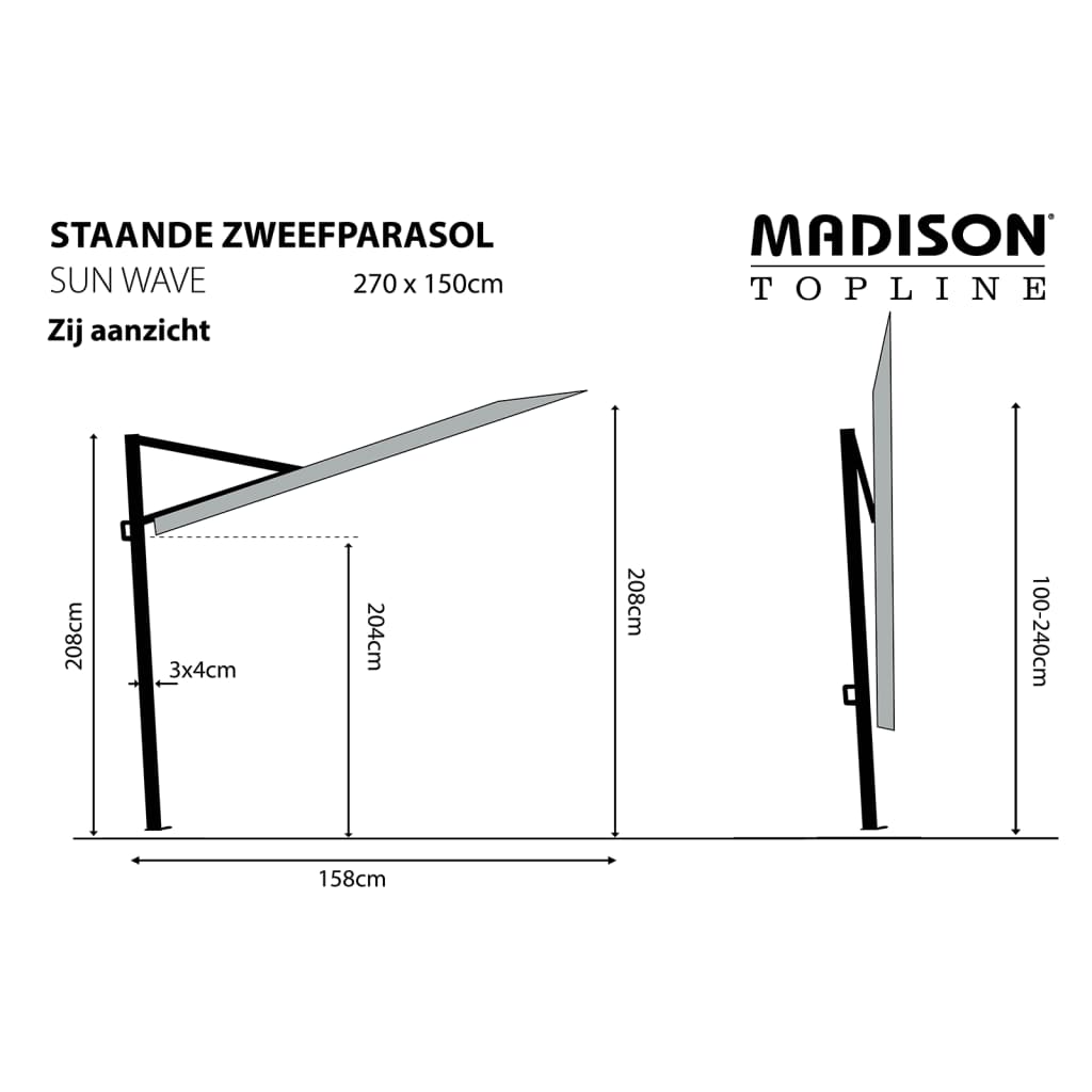 Madison Balkongparasoll Sun Wave 270x150 cm grå PAC3P014