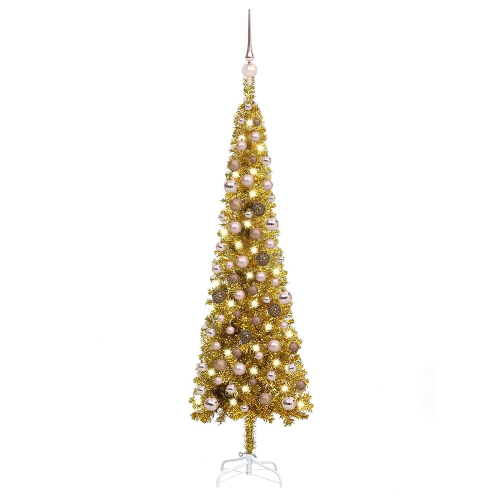 vidaXL Slankt forhåndsbelyst juletre med kulesett gull 120 cm
