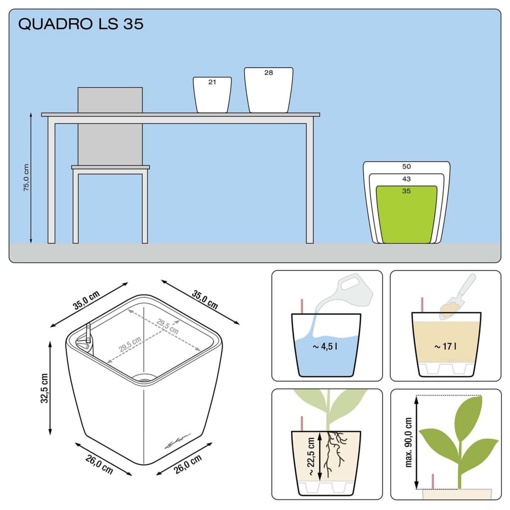 LECHUZA Plantekasse QUADRO LS 35 ALL-IN-ONE høyglans hvit 16160
