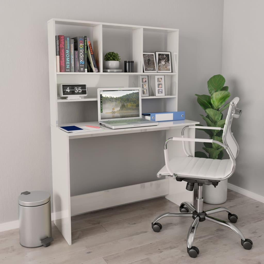 vidaXL Skrivebord med hyller høyglans hvit 110x45x157 cm sponplate