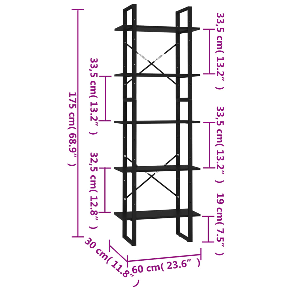 vidaXL Bokhylle 5 nivåer svart 60x30x175 cm konstruert tre