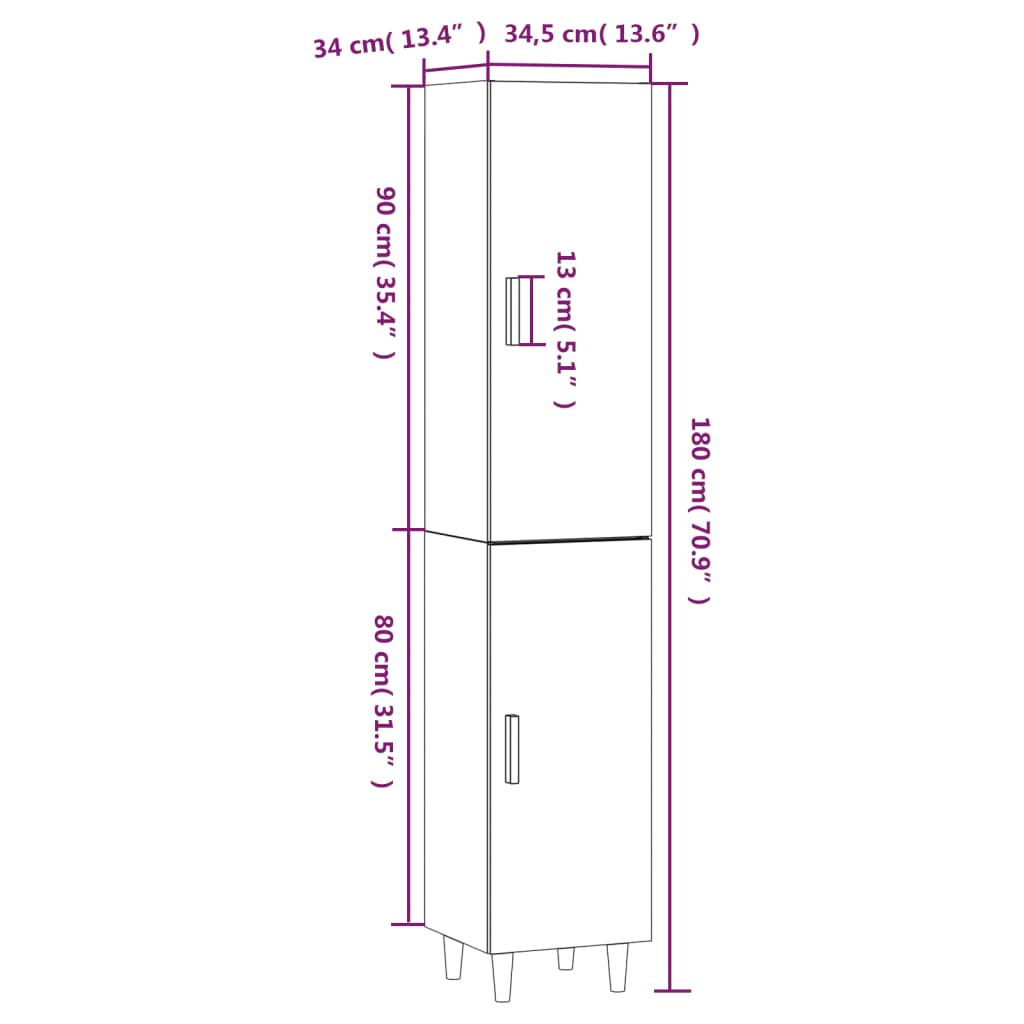 vidaXL Highboard sonoma eik 34,5x34x180 cm konstruert tre