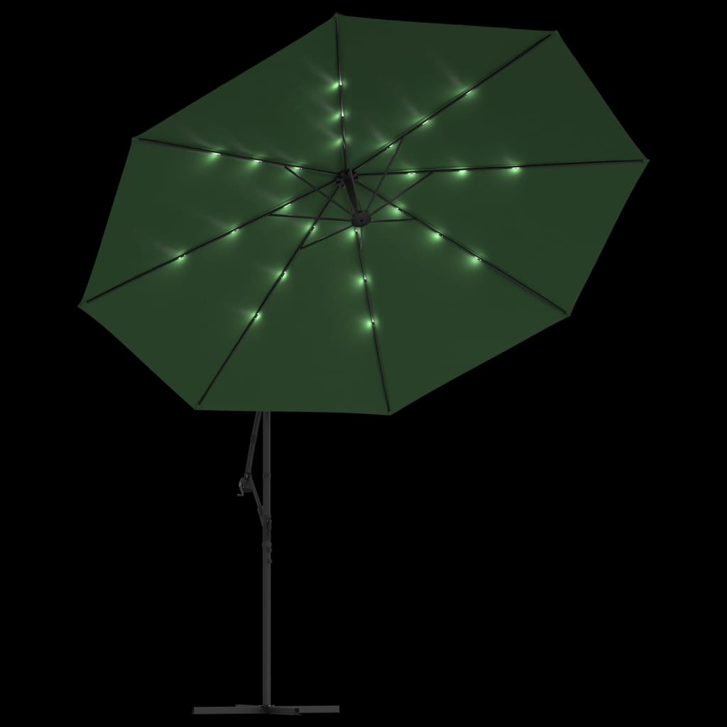 vidaXL Hengeparasoll med LED-lys og metallstang 350 cm grønn