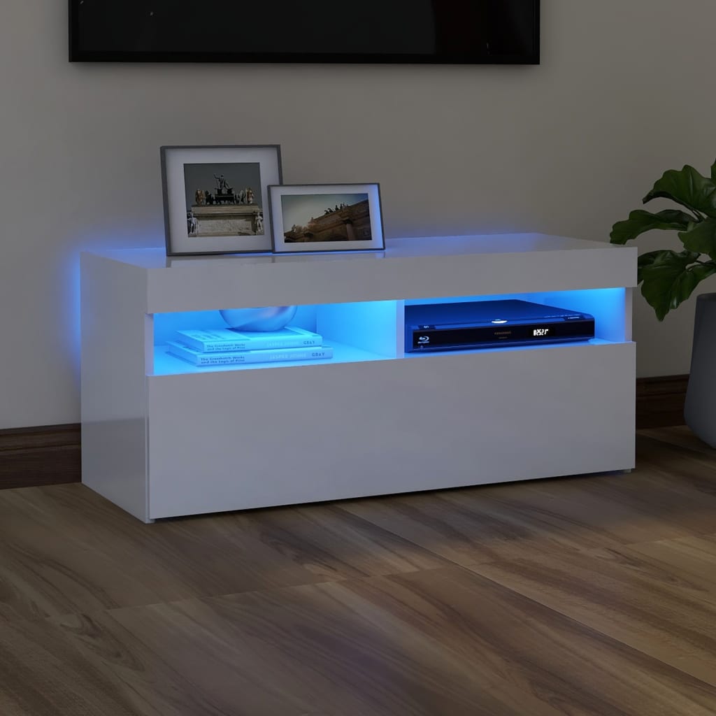 vidaXL TV-benk med LED-lys høyglans hvit 90x35x40 cm