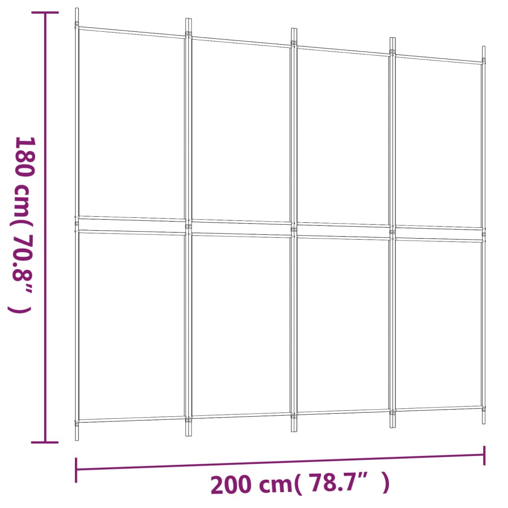 vidaXL Romdeler 4 paneler hvit 200x180 cm stoff