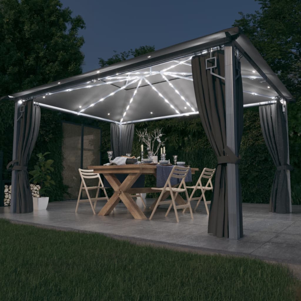 vidaXL Paviljong med gardin og LED-strenglys 4x3 m antrasitt aluminium