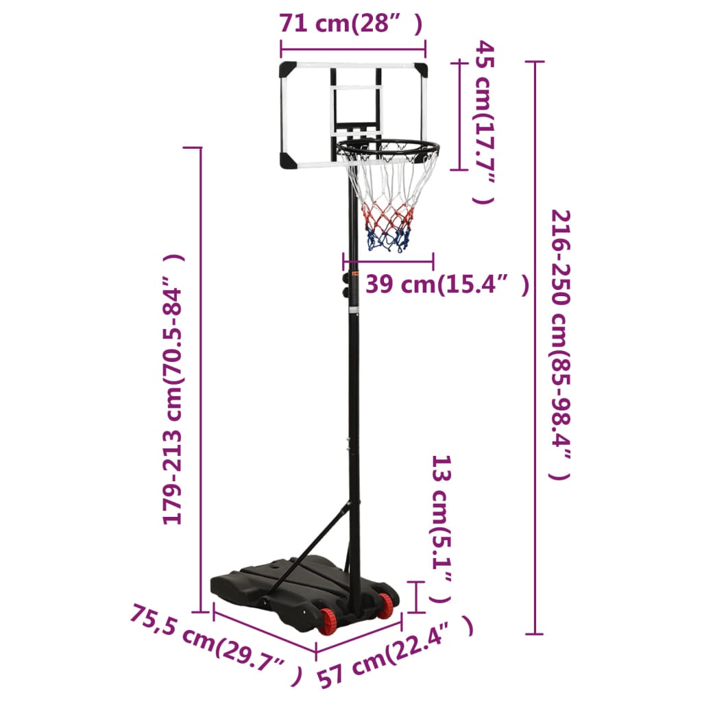 vidaXL Basketballplate gjennomsiktig 216-250 cm polykarbonat