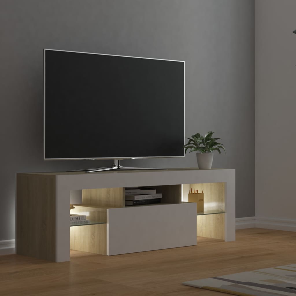 vidaXL TV-benk med LED-lys hvit og sonoma eik 120x35x40 cm