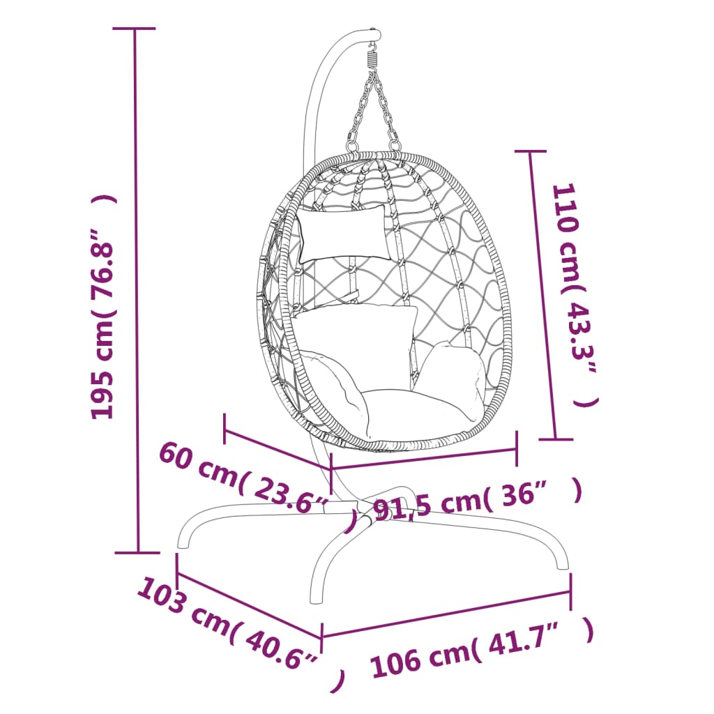 vidaXL Hengende eggstol med pute antrasitt polyrotting og stål
