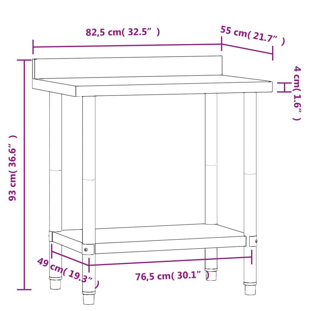 vidaXL Kjøkkenbenk med bakplate 82,5x55x93 rustfritt stål