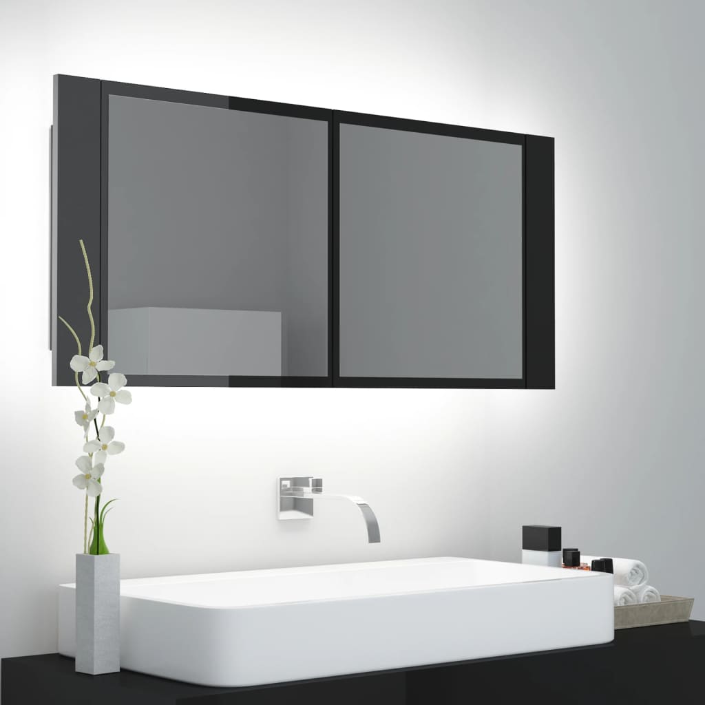 vidaXL LED-speilskap til baderom høyglans svart 100x12x45 cm akryl