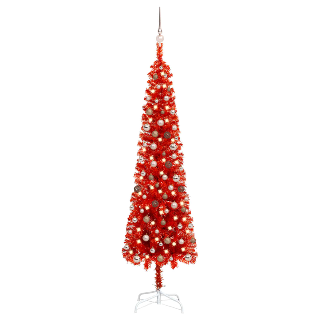 vidaXL Slankt juletre med LED og kulesett rød 240 cm
