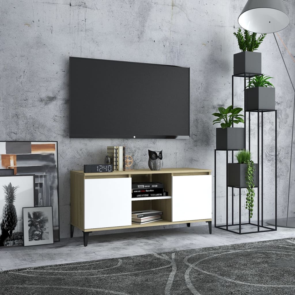 vidaXL TV-benk med metallben hvit og sonoma eik 103,5x35x50 cm