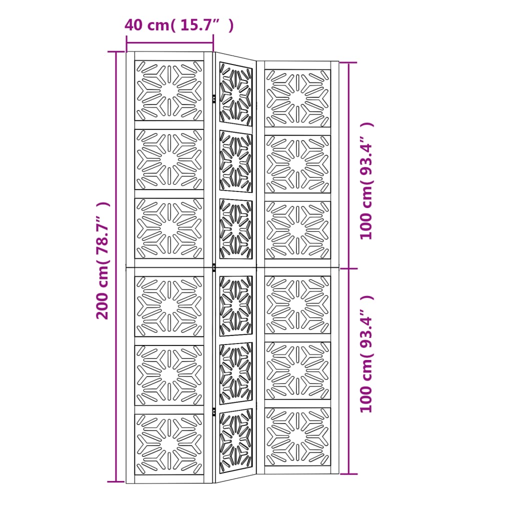 vidaXL Romdeler 3 paneler brun og svart heltre keisertre