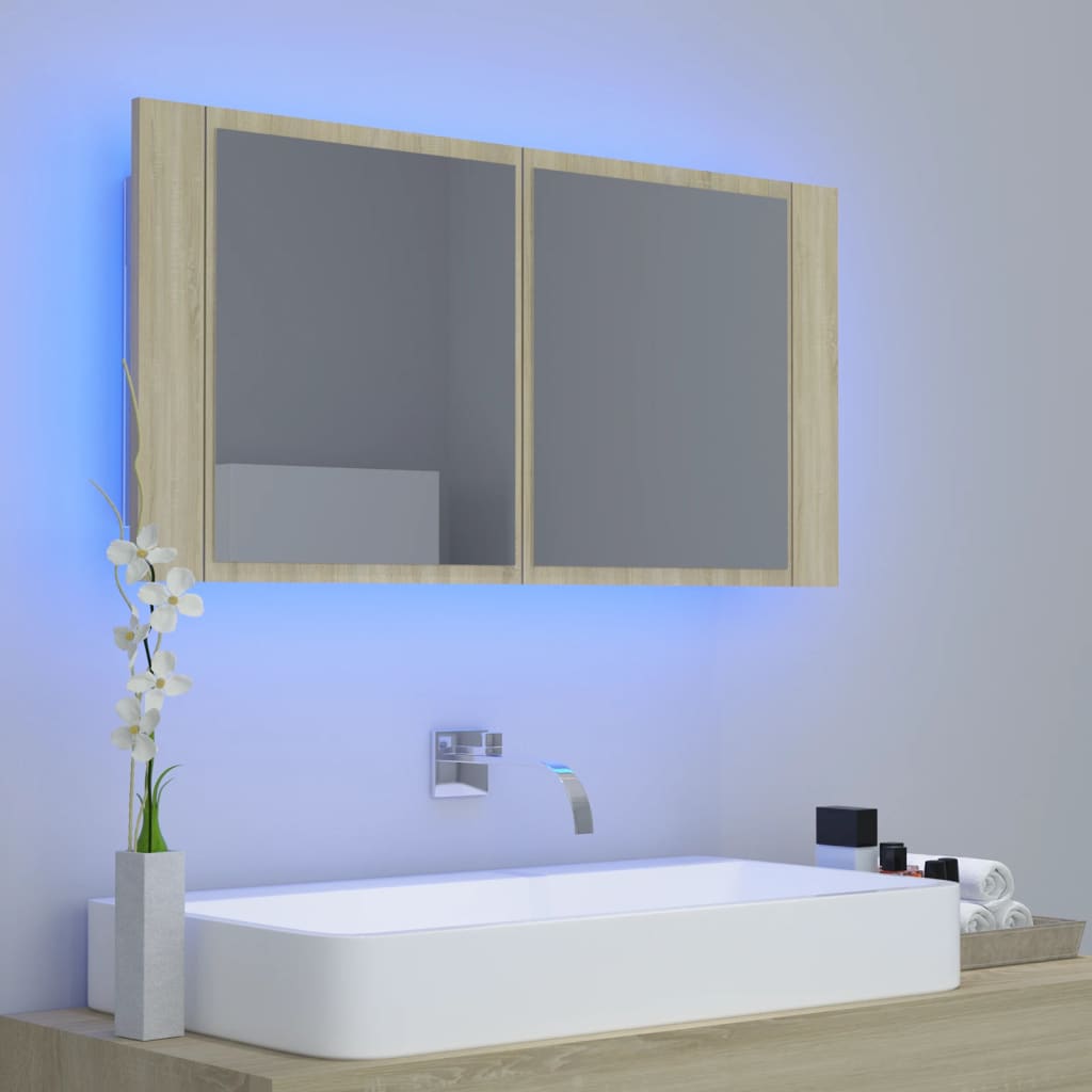 vidaXL LED-speilskap til baderom sonoma eik 90x12x45 cm akryl