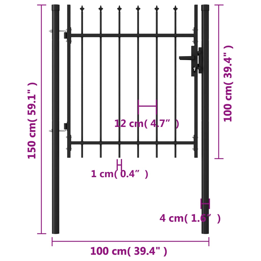 vidaXL Hageport med en dør og spisser stål 1x1 m svart