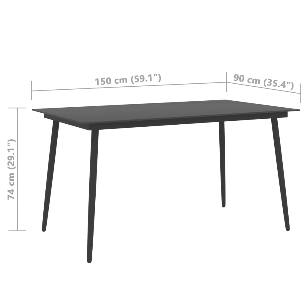 vidaXL Hagebord svart 150x90x74 cm stål og glass