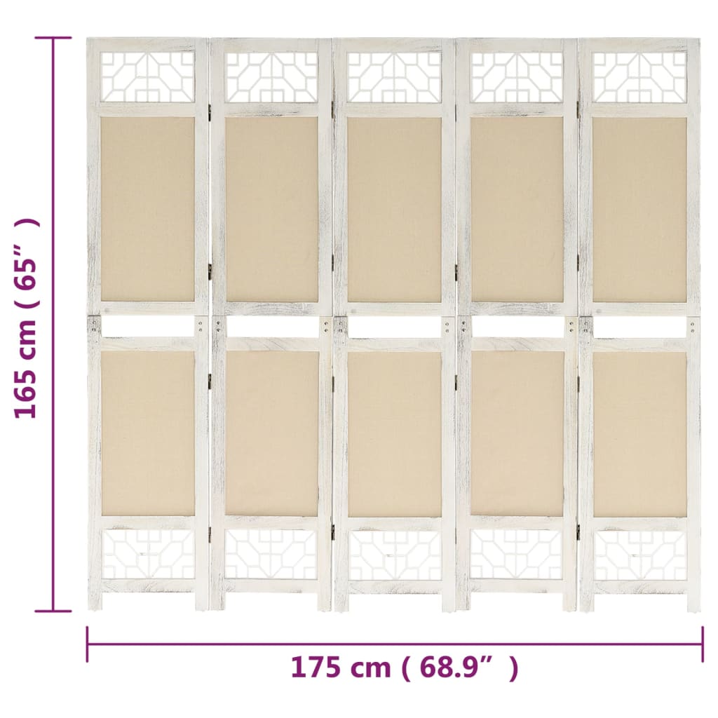 vidaXL Romdeler 5 paneler kremhvit 175x165 cm stoff
