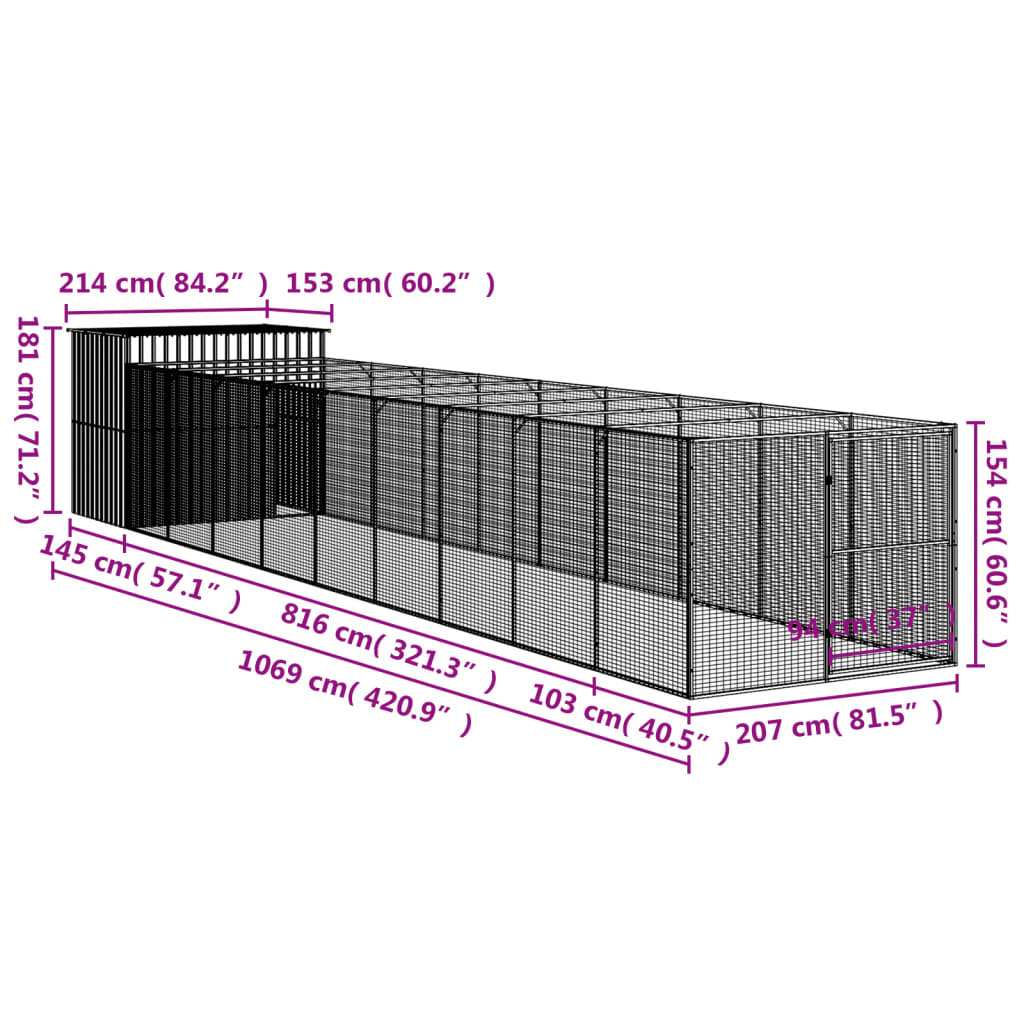 vidaXL Hundehus med tak lysegrå 214x1069x181 cm galvanisert stål