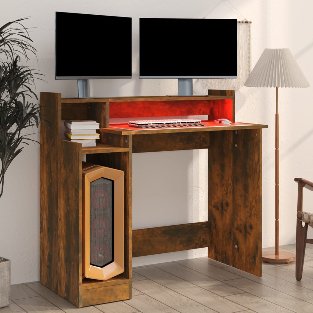 vidaXL Skrivebord med LED-lys røkt eik 97x45x90 cm konstruert tre