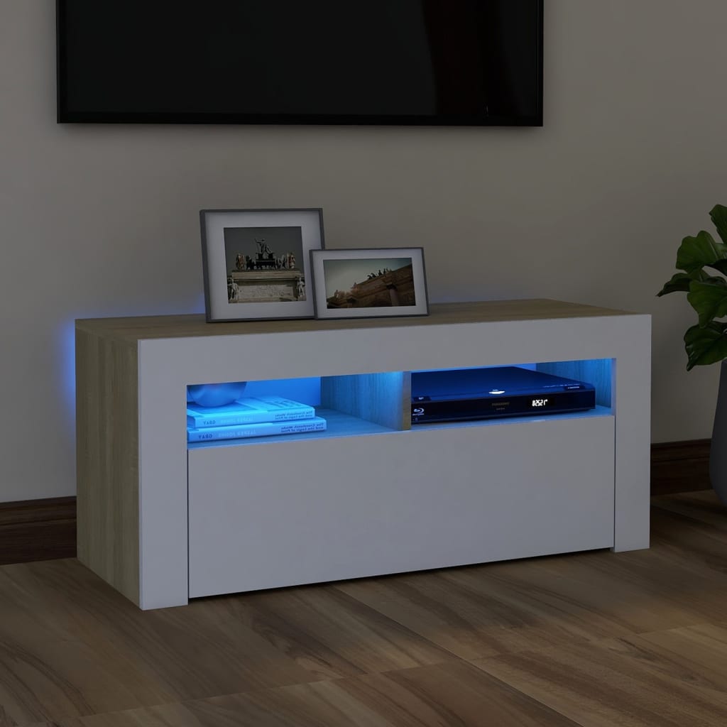 vidaXL TV-benk med LED-lys hvit og sonoma eik 90x35x40 cm