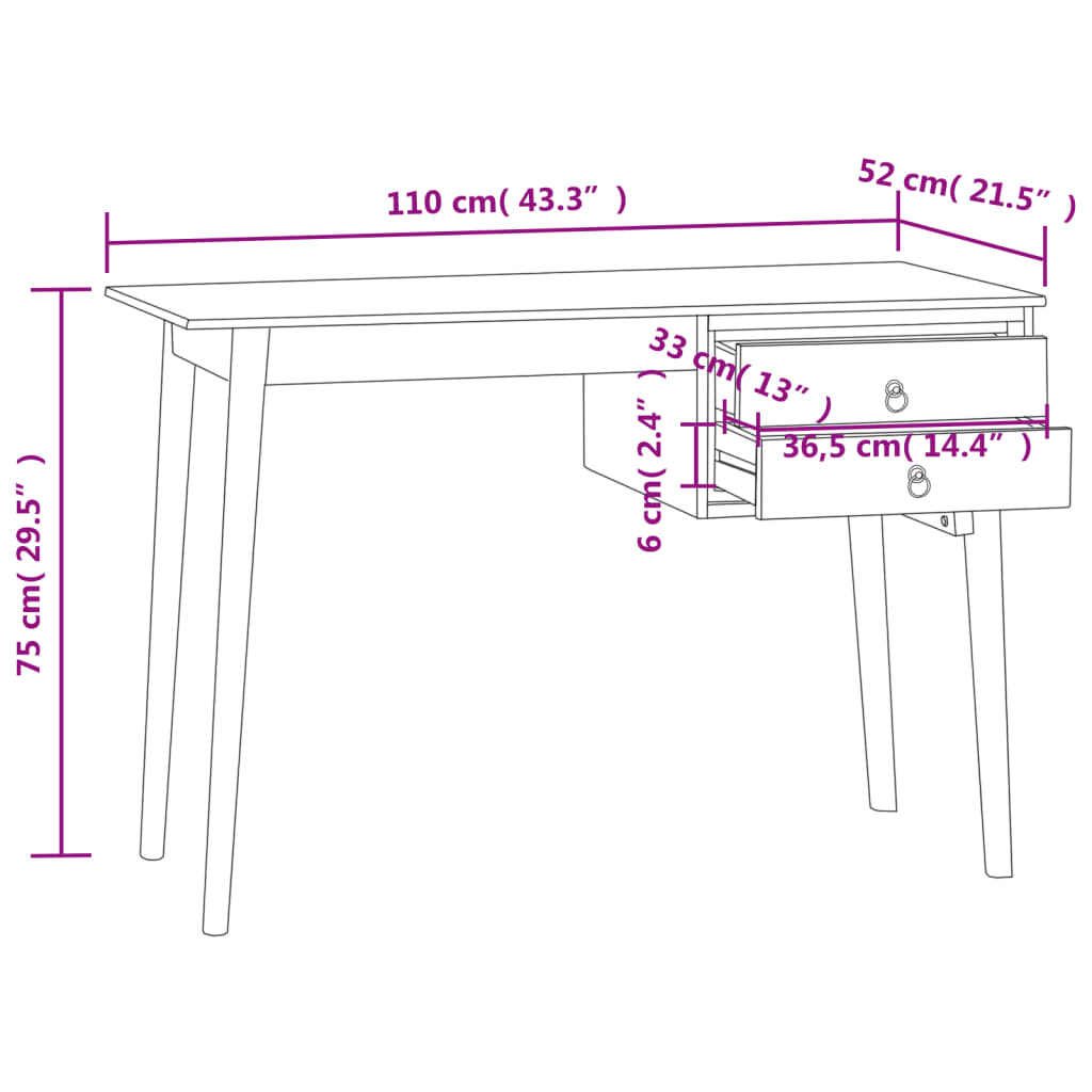 vidaXL Skrivebord med 2 skuffer 110x52x75 cm heltre teak