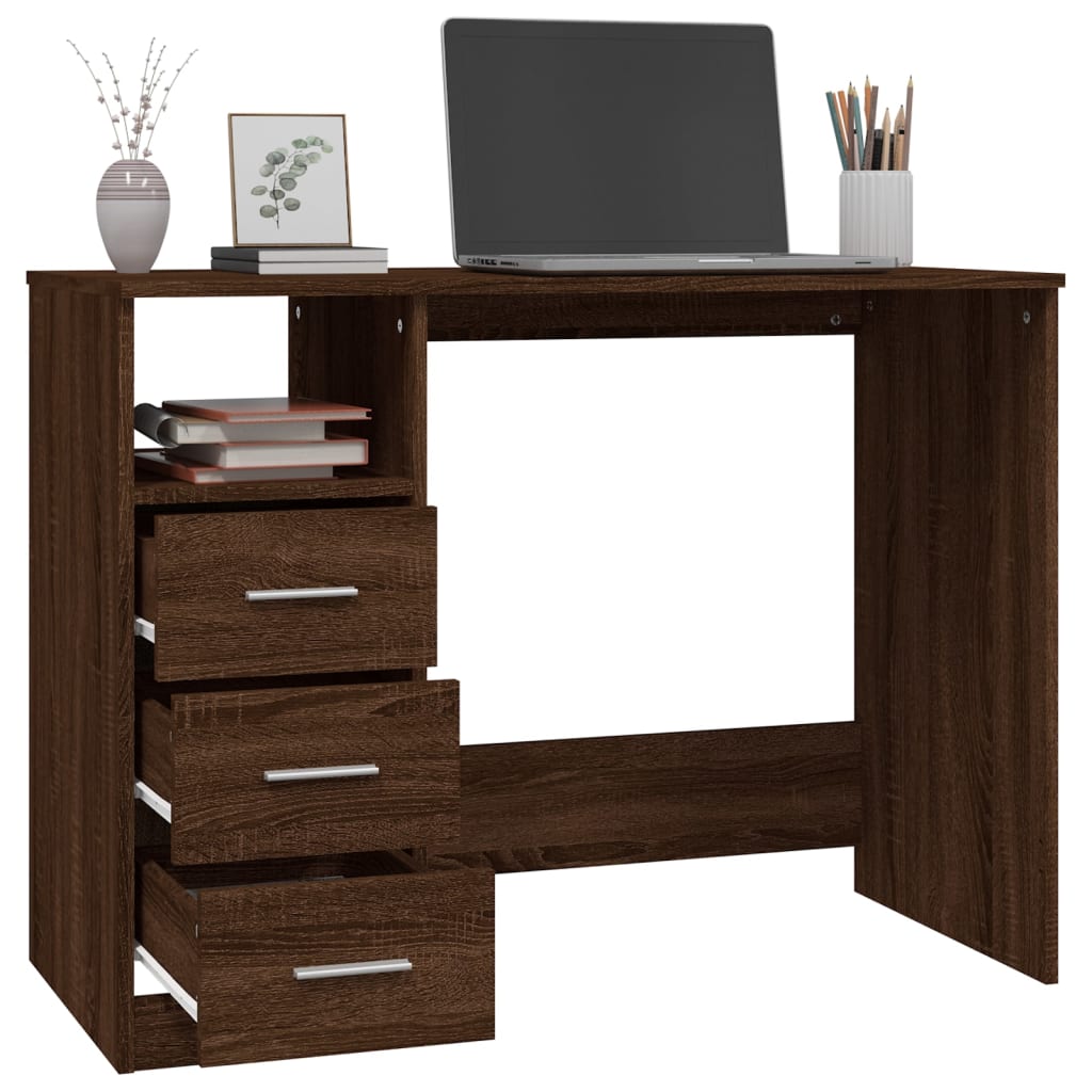 vidaXL Skrivebord med skuffer brun eik 102x50x76 cm konstruert tre