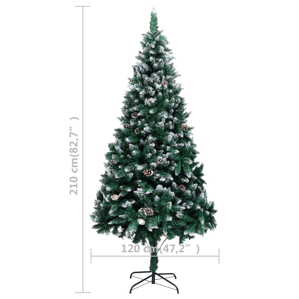 vidaXL Kunstig juletre med LED og furukongler og hvit snø 210 cm