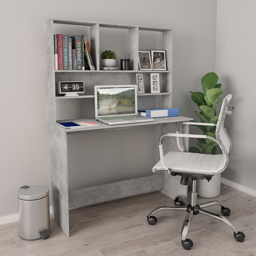vidaXL Skrivebord med hyller betonggrå 110x45x157 cm sponplate