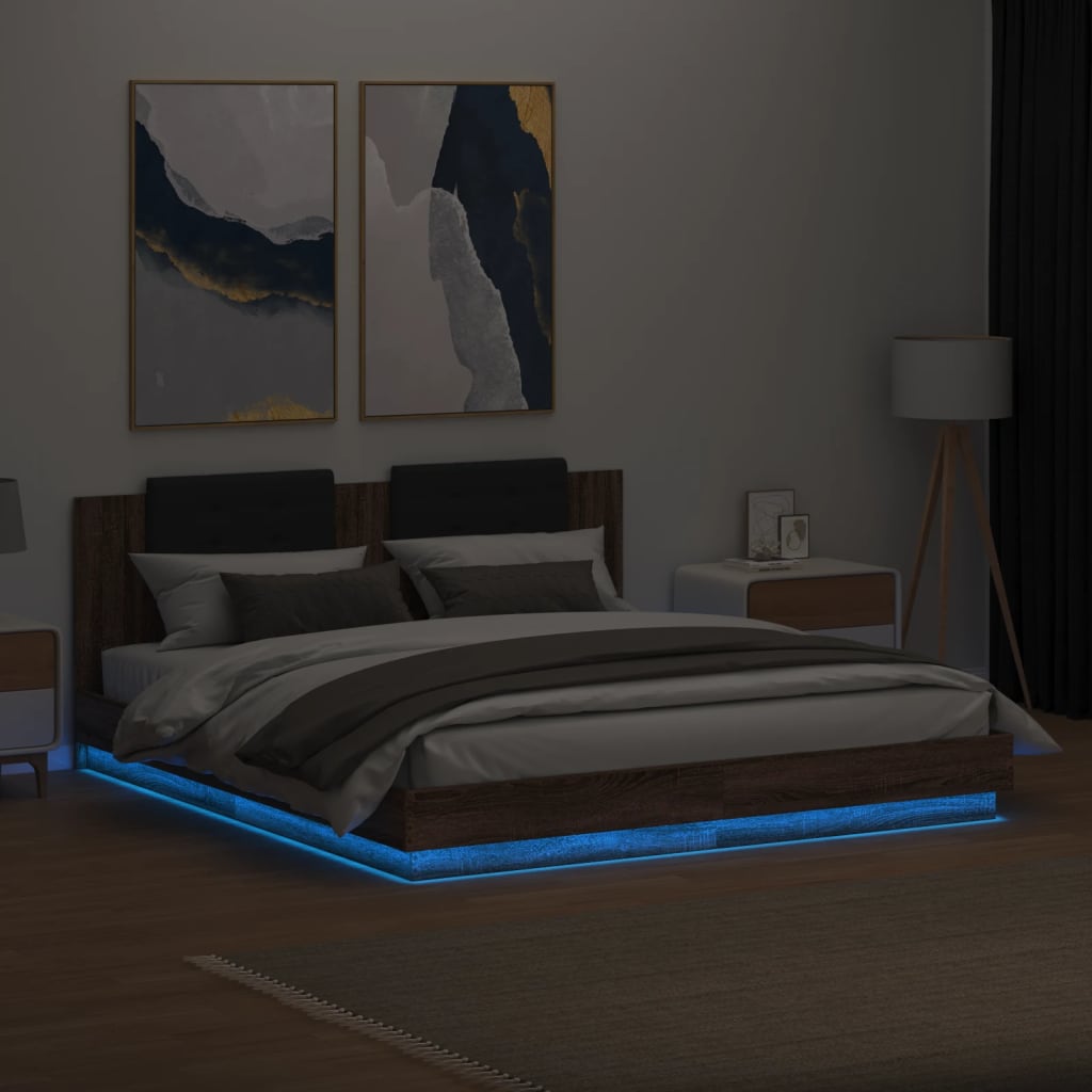 vidaXL Sengeramme med hodegavl og LED-lys brun eik 160x200 cm