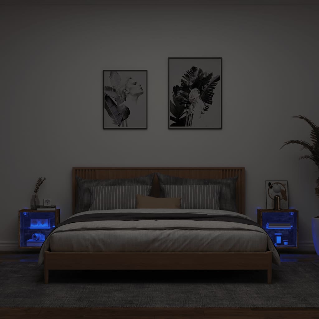 vidaXL Veggmontert nattbord med LED-lys 2 stk røkt eik