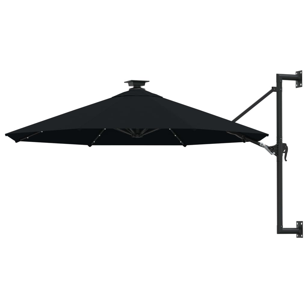 vidaXL Veggmontert parasoll med LED og metallstolpe 300 cm svart