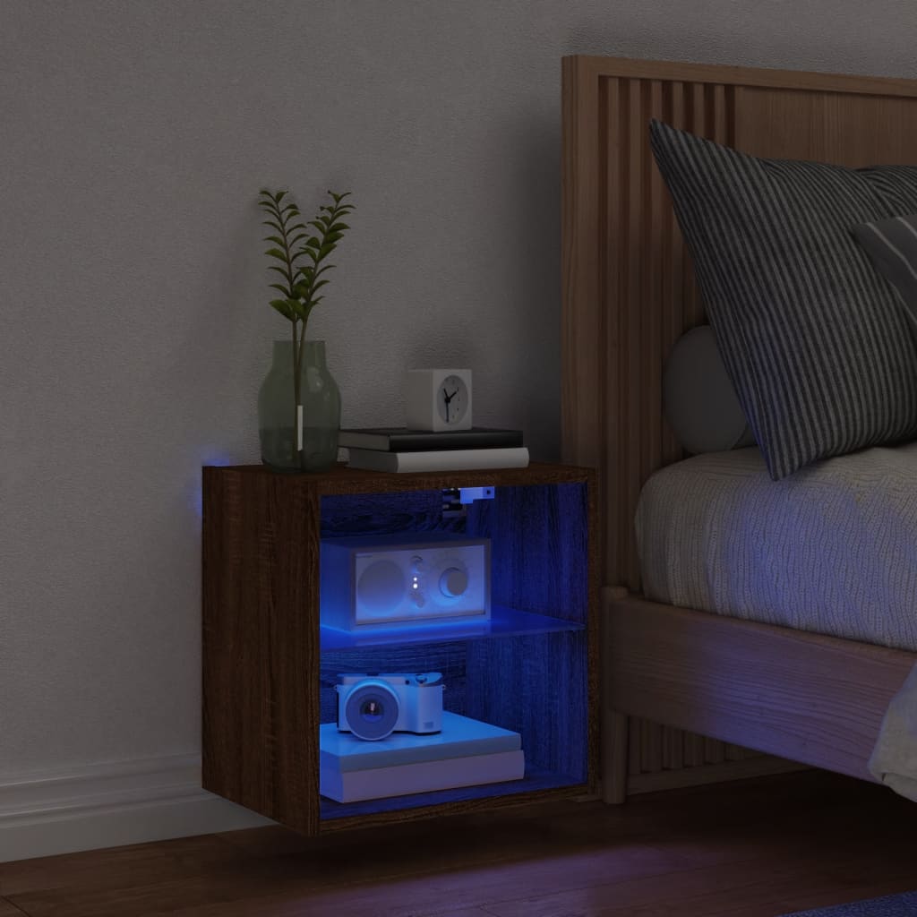 vidaXL Veggmontert nattbord med LED-lys brun eik