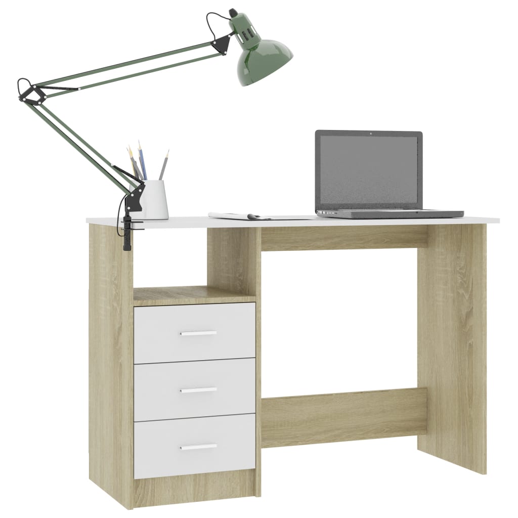 vidaXL Skrivebord med skuffer hvit og sonoma eik 110x50x76cm sponplate
