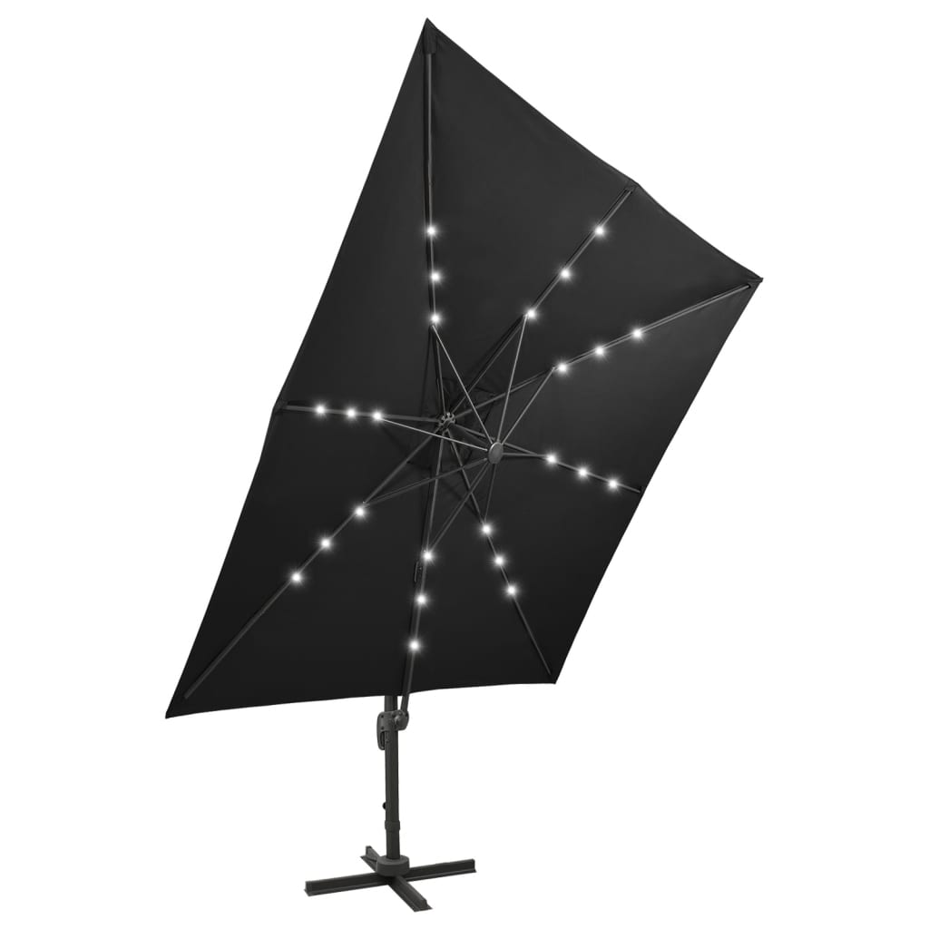 vidaXL Hengeparasoll med stang og LED-lys 300 cm svart