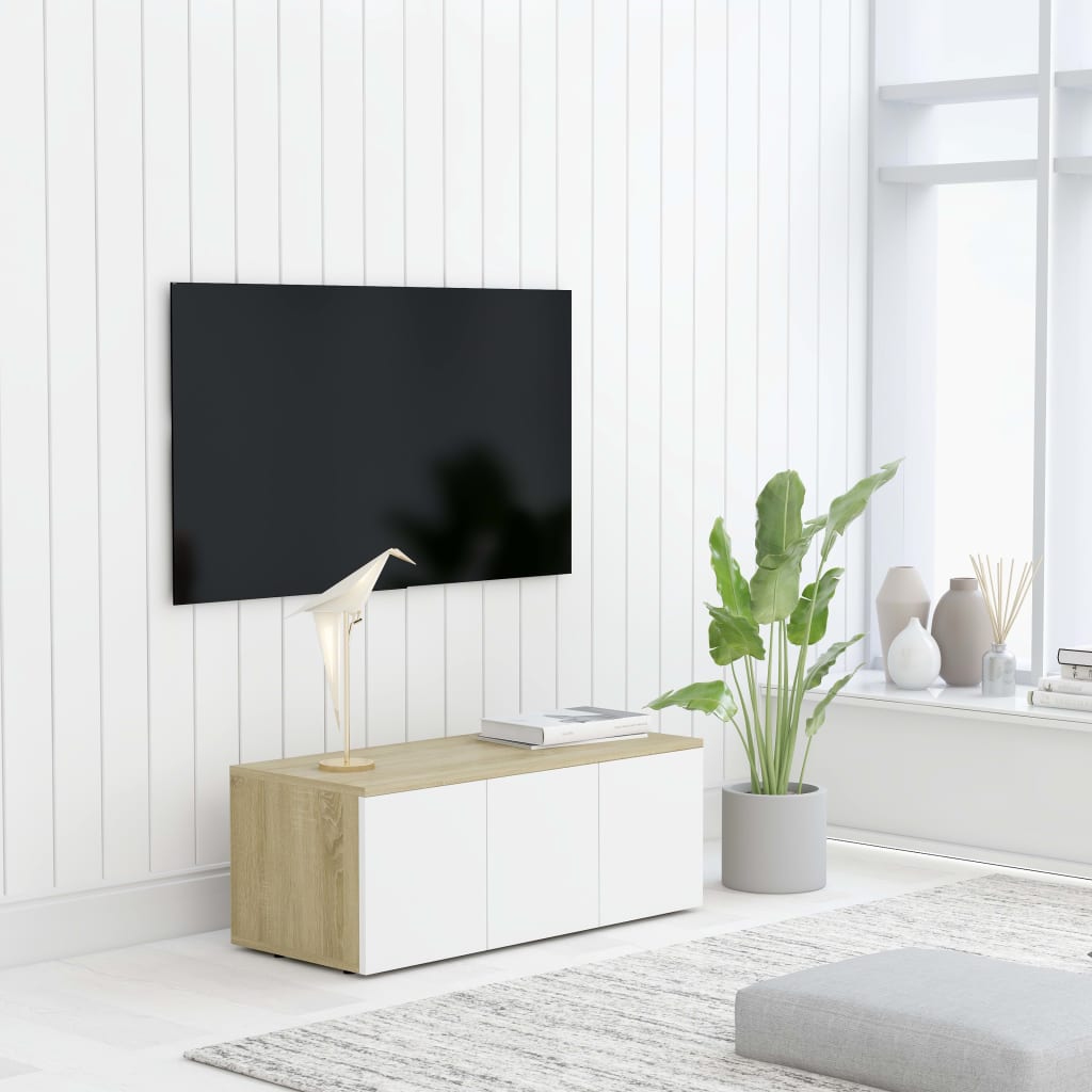 vidaXL TV-benk hvit og sonoma eik 80x34x30 cm sponplate
