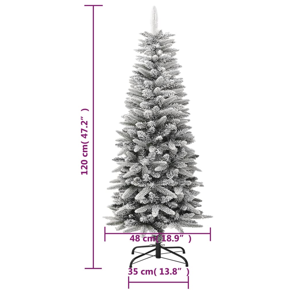 vidaXL Kunstig slankt juletre med flokket snø 120 cm PVC og PE