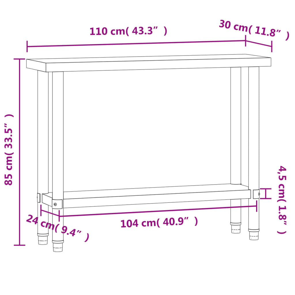 vidaXL Matlagingsbord for kjøkken 110x30x85 cm rustfritt stål
