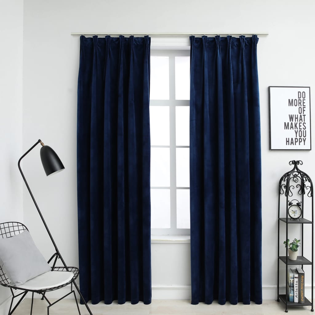 vidaXL Lystette gardiner med kroker 2 stk fløyel mørkeblå 140x225 cm