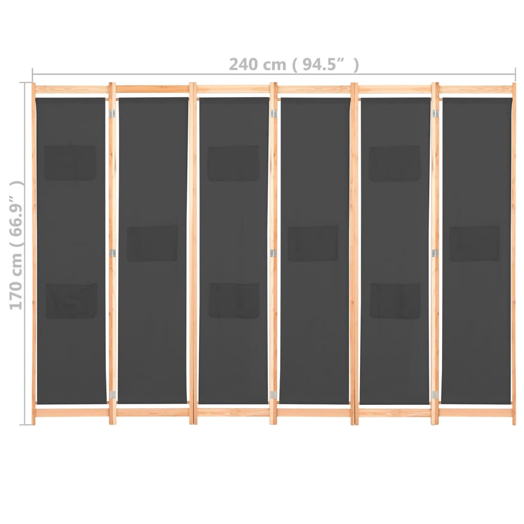 vidaXL Romdeler 6 paneler grå 240x170x4 cm stoff
